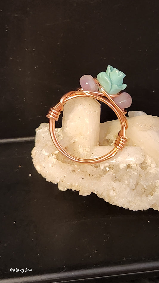 Wire wrapped rose ring with Amethyst Size 7.5