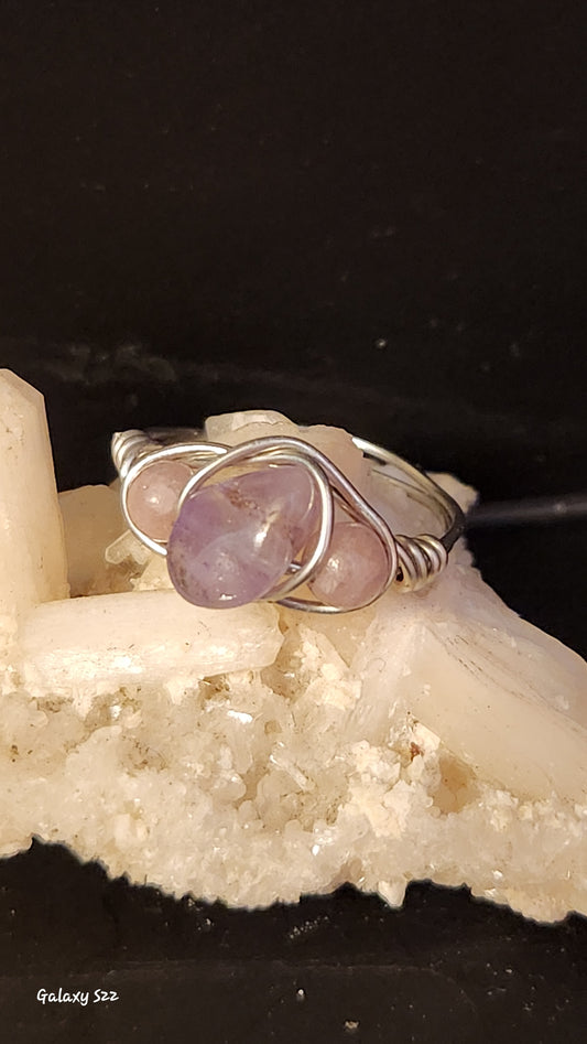 Wire wrapped ring with Amethyst and Dyed qauartz size 8