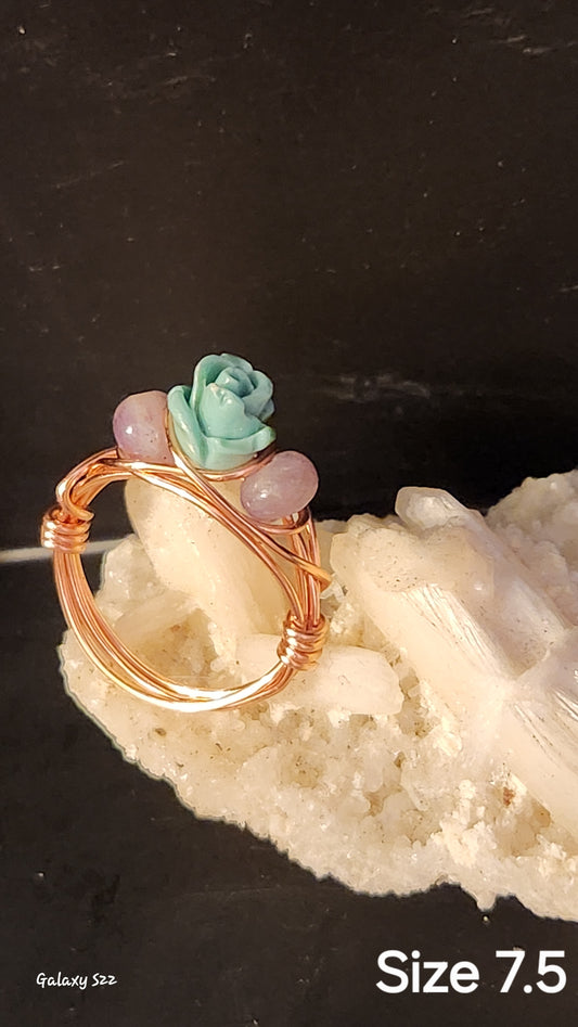 Wire wrapped rose ring with Amethyst Size 7.5